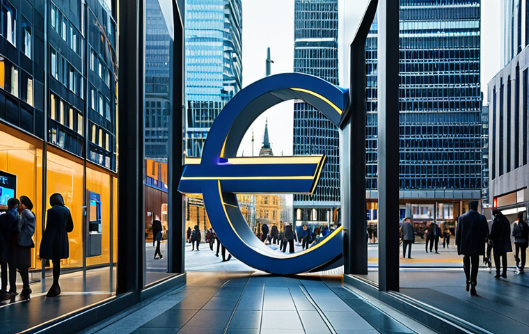 ** A futuristic cityscape with a digital Euro symbol prominently displayed, reflecting in the glass of modern bank buildings. People are seamlessly using digital devices to make transactions. Emphasize a sense of both technological advancement and potential government surveillance.
**