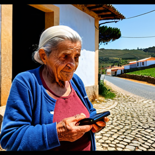 Home 18 An elderly woman in a rural Portuguese village using her mobile phone to receive government payments via CBDC, showcasing financial inclusion in remote areas.