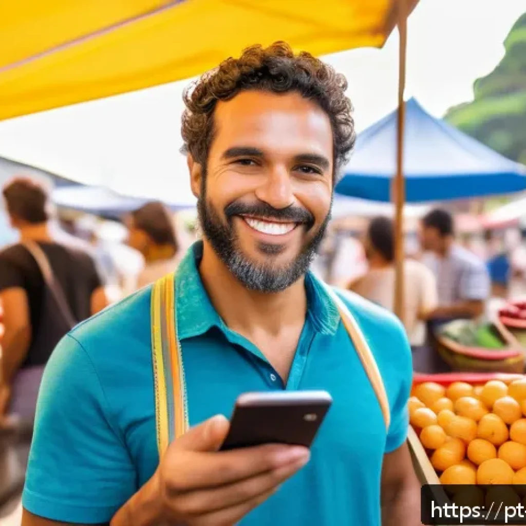 CBDC의 연구 및 개발 동향 - A modern Brazilian small business owner using a digital wallet app on a smartphone at a vibrant loca...