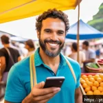 CBDC의 연구 및 개발 동향 - A modern Brazilian small business owner using a digital wallet app on a smartphone at a vibrant loca...