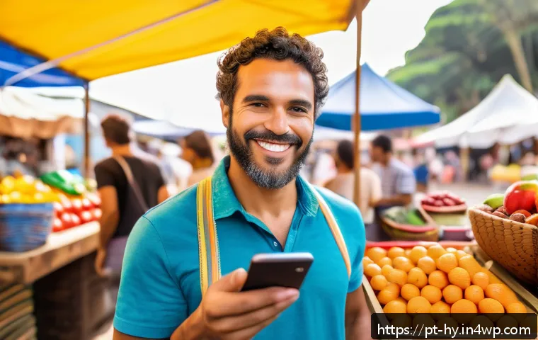 CBDC의 연구 및 개발 동향 - A modern Brazilian small business owner using a digital wallet app on a smartphone at a vibrant loca...