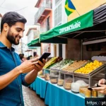 CBDC 도입에 따른 시장 반응 - A modern Brazilian street market scene showing a diverse group of small business owners and customer...