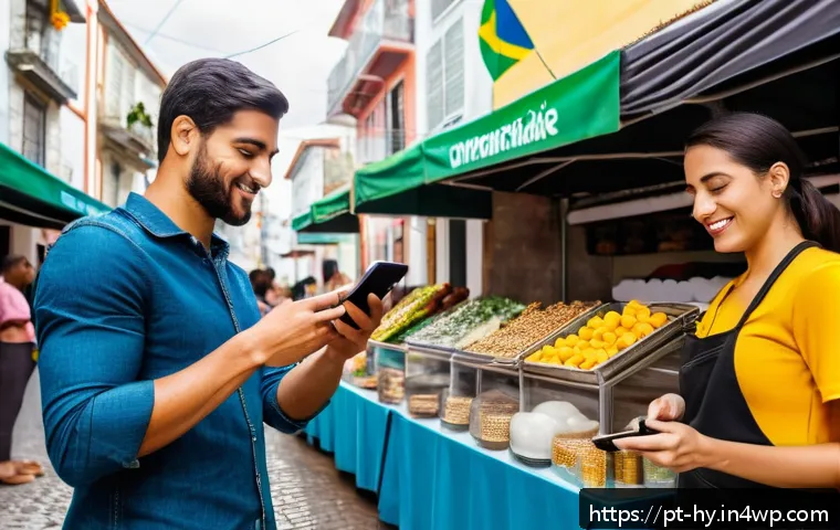 CBDC 도입에 따른 시장 반응 - A modern Brazilian street market scene showing a diverse group of small business owners and customer...