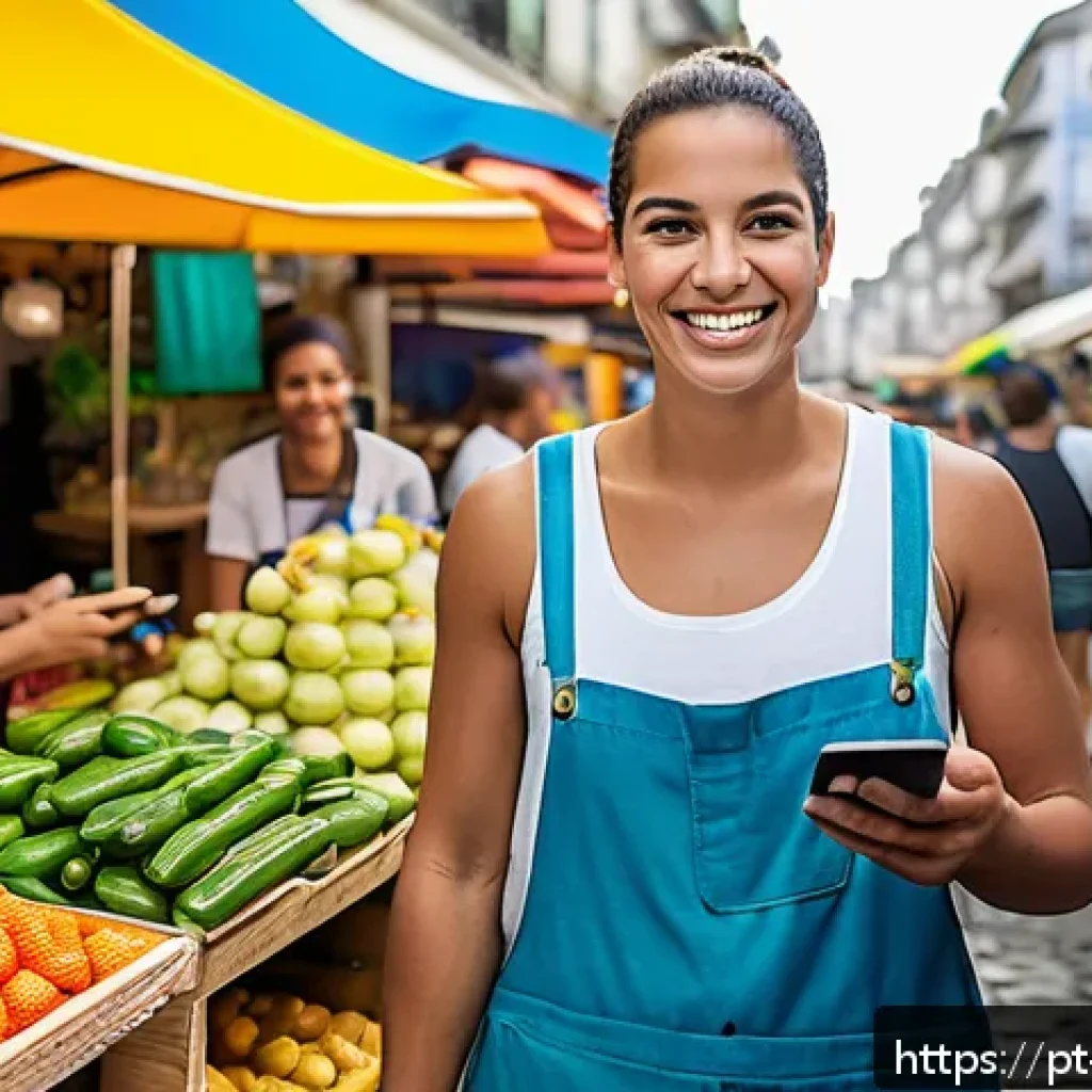 CBDC의 최신 동향 및 발전 방향 - A modern Brazilian street market scene featuring diverse small business owners using smartphones to ...