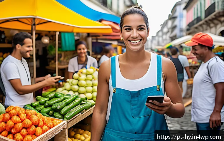 CBDC의 최신 동향 및 발전 방향 - A modern Brazilian street market scene featuring diverse small business owners using smartphones to ...