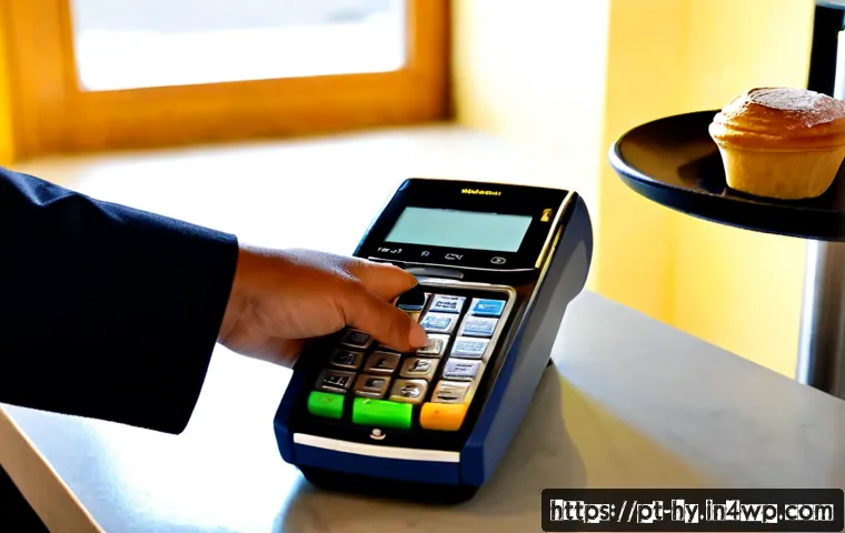 Home 17 CBDC와 기존 결제 시스템의 통합 방법 - Photorealistic close-up of a modern payment counter in a Lisbon neighborhood café, a customer using ...
